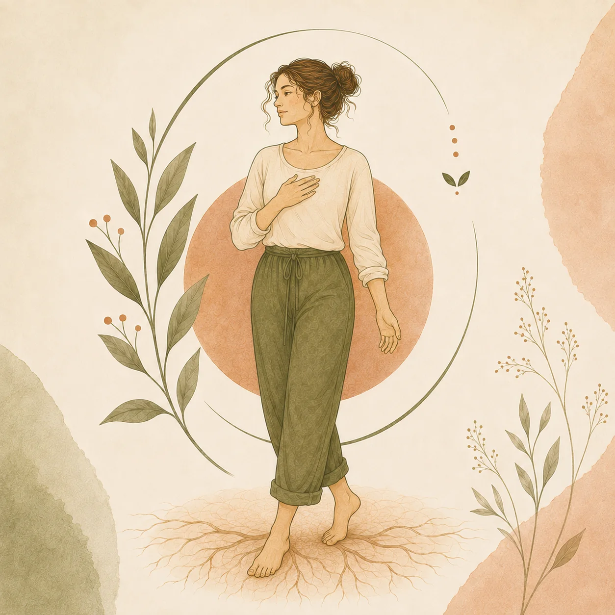 Ilustración de una mujer de pie con una mano en el pecho, raíces bajo los pies y elementos vegetales alrededor.