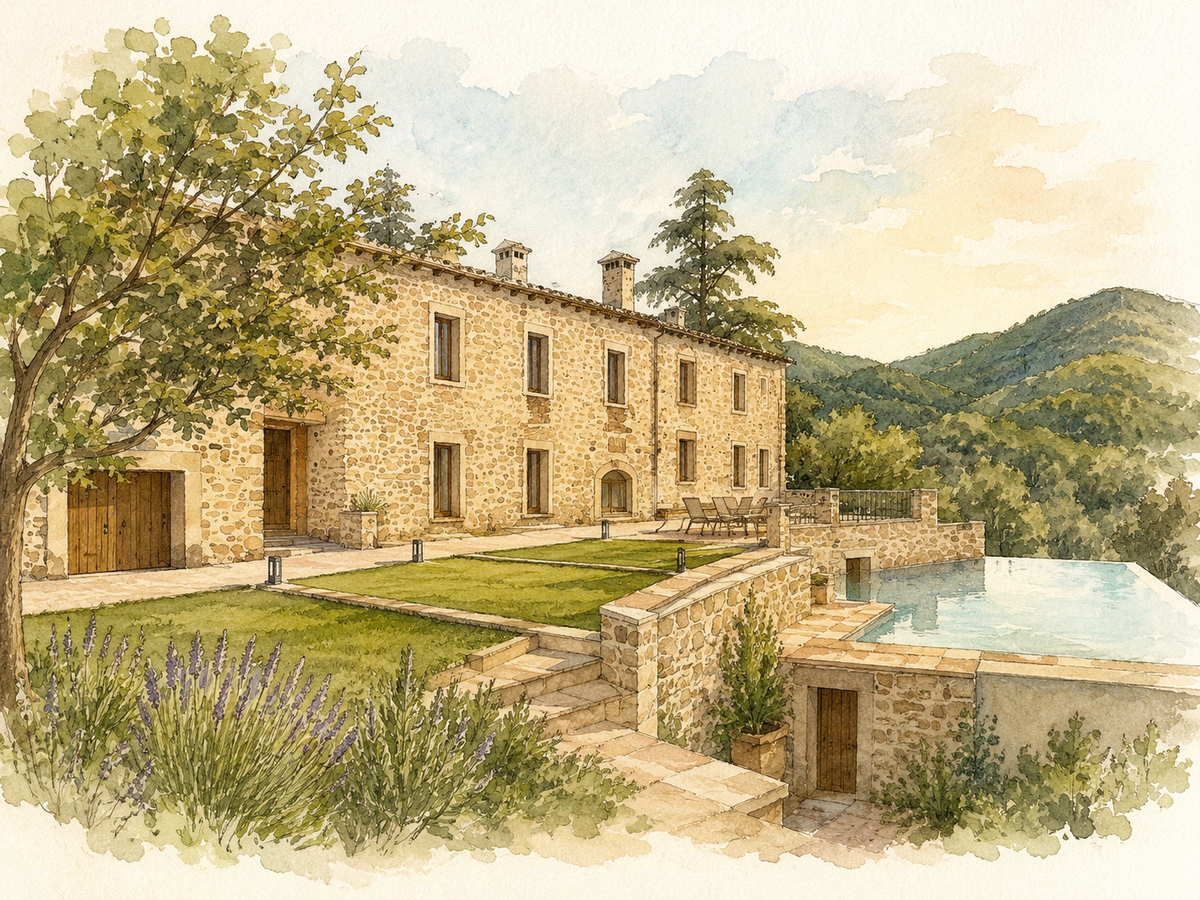 Casa rural de piedra en acuarela, rodeada de naturaleza y paisaje, como espacio de retiro.